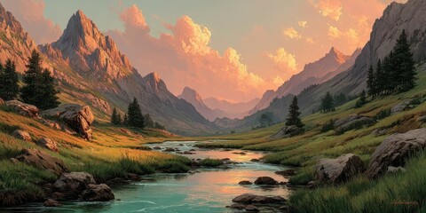 Majestic mountain landscape at sunset with river flowing through lush valley