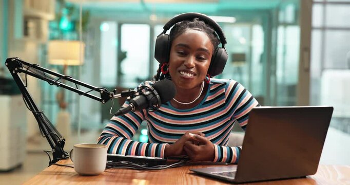 Black woman, face or announcer with laptop, headphones or mic for audio podcast at office. Portrait, female person or broadcaster talking on air in POV for radio communication, news or announcement