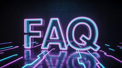 Neon faq sign with blue and purple lights on a reflective dark surface