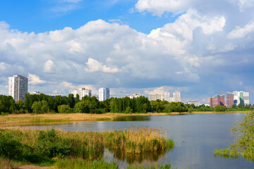 Scenic View of Kyiv Lake Surrounded by Modern Architecture