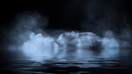 Blaze blue fire flame texture overlays on isolated background with water reflection.