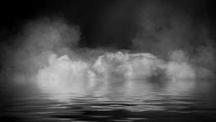 Blaze fire flame texture overlays on isolated background with water reflection.