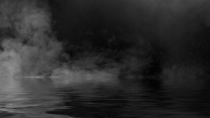 Blaze fire flame texture overlays on isolated background with water reflection.