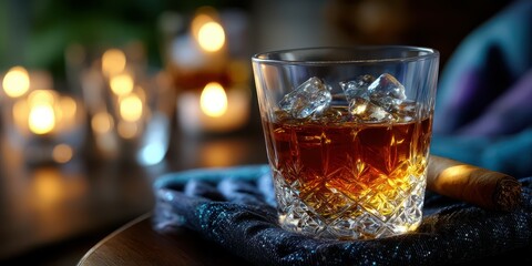 Fine whiskey on the rocks served with cigar in an ambient lounge at night