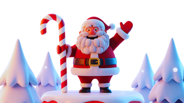 Cartoon Santa Claus with Candy Cane and Snowy Trees on transparent background