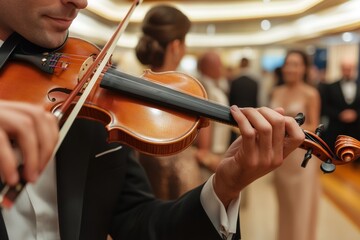 A talented musician passionately plays the violin at a formal cruise ship event while elegantly dressed guests enjoy the ambiance in the background creating a sophisticated atmosphere