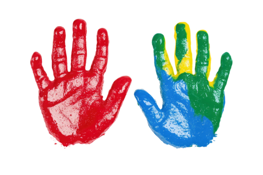 Two hands with colorful paint prints against a black background representing creativity and art