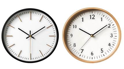 Two stylish wall clocks displaying different times on a black background presenting concepts of time punctuality and design elements