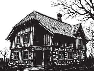 Antique wood architecture, the patterns are made with wood carvings. Hand drawn vector illustration