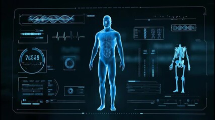 Futuristic User Healthcare HUD interface, Sci-fi dashboard with UI interface, futuristic hologram of human body with data. Medical HUD UI dashboard. Concept of body examination, health - Powered by Adobe