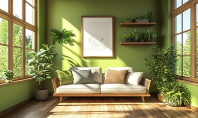 Wooden and green living room interior with shelves and poster