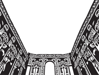 Antique wood architecture, the patterns are made with wood carvings. Hand drawn vector illustration