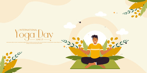 International yoga day banner or poster template design.Man doing yoga pose.