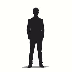 Obraz premium Black silhouette of a man in a suit, standing confidently. Ideal for business, professional, or corporate designs. Perfect vector art, clipart, or illustration for creative projects. High-quality grap