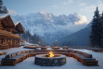Cozy winter terrace with glowing fire high resolution picture