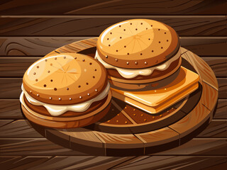 vector of Crunchy sandwich biscuits with sweet and sticky creamy filling on wooden surface in dark brown containers, delicious snack.