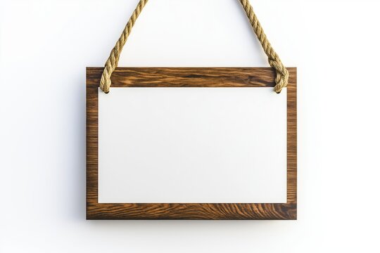 Wooden framed blank sign with rope hanging against a white background for customizable messages