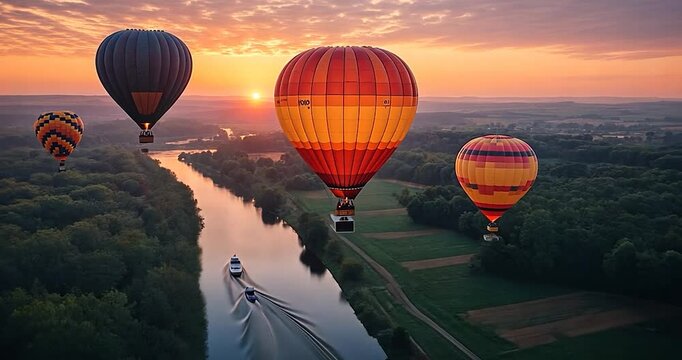 Four vibrant hot air balloons ascending above a river with lush greenery, against a setting sun, creating an orange and gold glow, aerial view