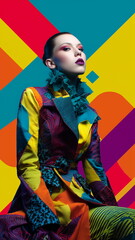 Fototapeta premium Creative fashion campaign poster concept with model in vibrant clothing against graphic abstract shapes, high-contrast lighting and bold colors, magazine-style.