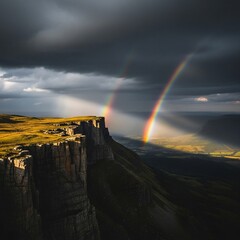 Dramatic Cliffside Rainbows: Sunbeams Pierce Storm Clouds Over Verdant Landscape
