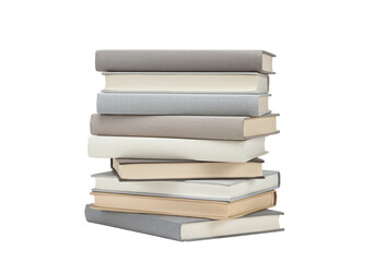 Fototapeta premium Hardcover books stacked neatly in neutral tones, front view, isolated on pure white, ideal for editorial and learning visuals