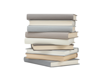 Hardcover books stacked neatly in neutral tones, front view, isolated on pure white, ideal for editorial and learning visuals
