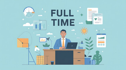 Illustration of a man at a desk with full time text and office elements