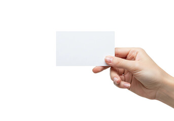 Obraz premium Hand holding blank business card, card facing front and centered, isolated on white with soft lighting, ideal for branding