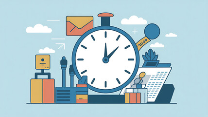 Illustration of a clock surrounded by office and delivery related items