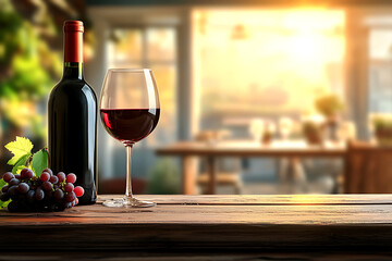 Red Wine Bottle and Glass with Grapes on Wooden Table at Sunset