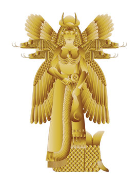 Tiamat, Mesopotamian goddess of saltwater and chaos, holds Apsu, freshwater god, symbolizing elemental union. Surrounded by dragons, she rises to battle Marduk after Apsu&rsquo;s death