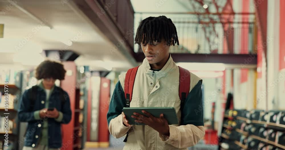 Aufkleber Man, university student and thinking with tablet at library for research, notes and check schedule for studying. Person, digital touchscreen and app for learning, education and scholarship at college