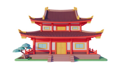 Obraz premium Low Poly Asian Pagoda Temple with Tree Illustration on Transparent Background