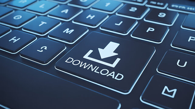 A close up shot of a keyboard with a download button highlighted in the center