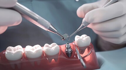 Dentist hands placing dental implant on fake teeth model with tools