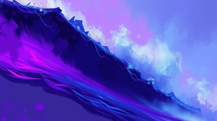 Abstract painterly blue  purple scene with sharp peaks streaks of light and blurred clouds reminiscent of a surreal landscape