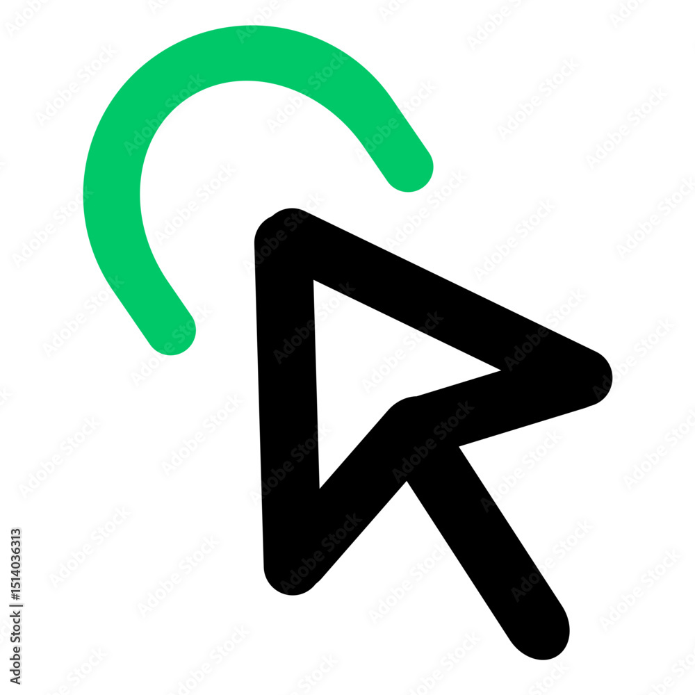 Poster black arrow cursor with a green arc above it indicating a selection or interaction on a white backgr