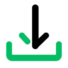 Download icon with a black arrow pointing down into a green container like shape with a green dash near it