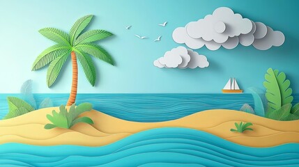 Obraz premium Tropical Island with Single Palm Tree and Calm Ocean under Cloudy Sky in Paper Art Style