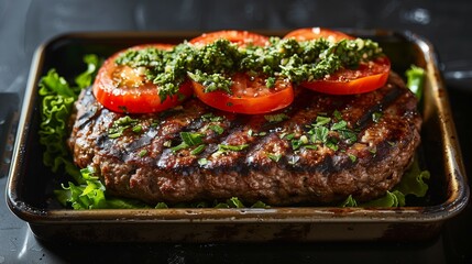 Grilled patty flat-lay with fresh herbs and toppings, served on a tray against a black shadowed background for striking contrast.
