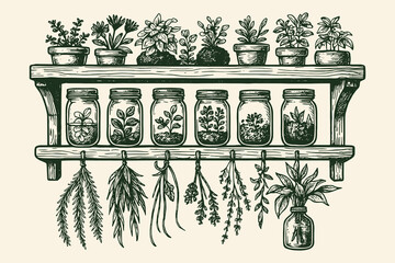 Herb shelf with jars and plants engraving style vector illustration