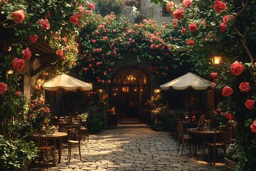 Fototapeta premium Floral Courtyard Cafe With Rose Walls High Resolution Picture