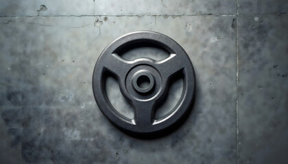 Obraz premium Weight plate on a gray concrete floor in a gym setting - Concept of barbell 