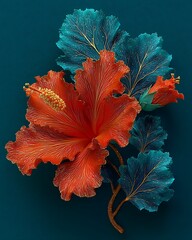 Elegant red hibiscus illustration with gold-edged petals and fine leaf veins high resolution image
