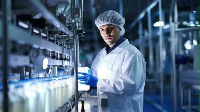 Dairy Factory Worker Bottling Milk in Sterile Production Line