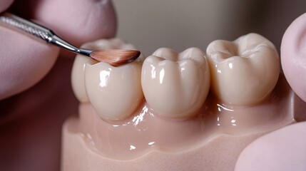 Close up of a dental technician hand painting and glazing a ceramic crown for a natural finish artistic craftsmanship in dentistry