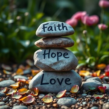 FAITH HOPE LOVE on stacked rocks in garden 