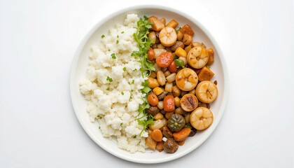 wide flat lay closeup view of white food plate with different healthy and unhealthy food style with copy space 