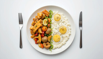 wide lat flay closeup view of white food plate with different healthy and unhealthy food style in two sides with fork and a knife at sides  