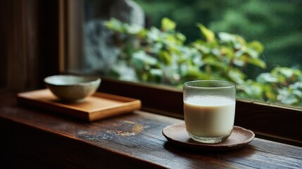 Glass of milk on a wooden table by the window with natural light